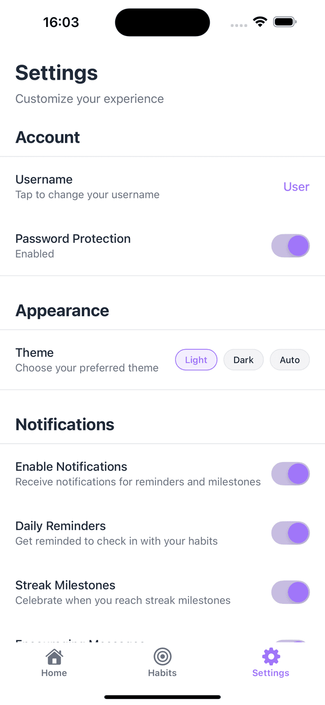 HabitForge Settings Screen
